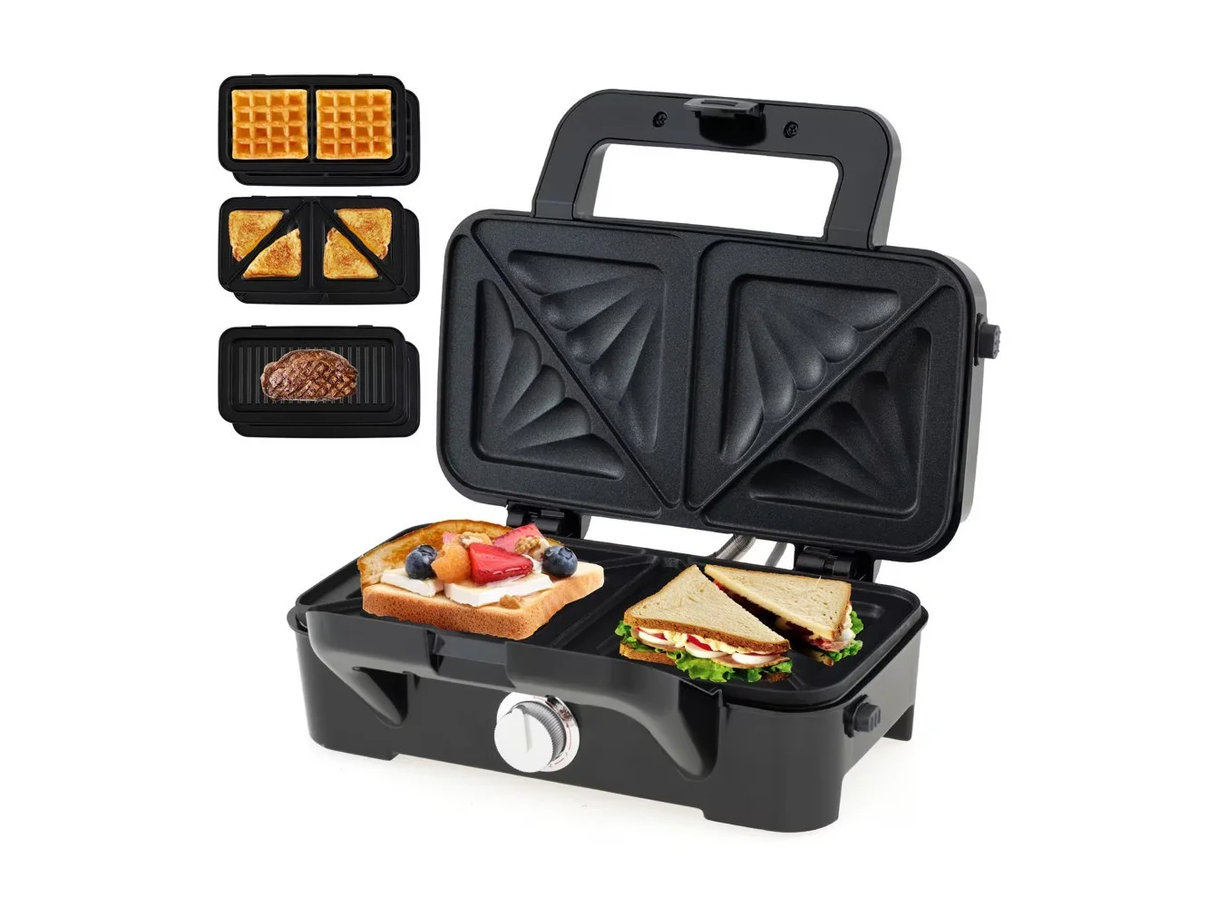 **Costway - 3 in 1 Waffle Iron Panini Press Grill and Sandwich Maker Set with Removable Non-Stick Plates & Cool Touch Handle - Black**