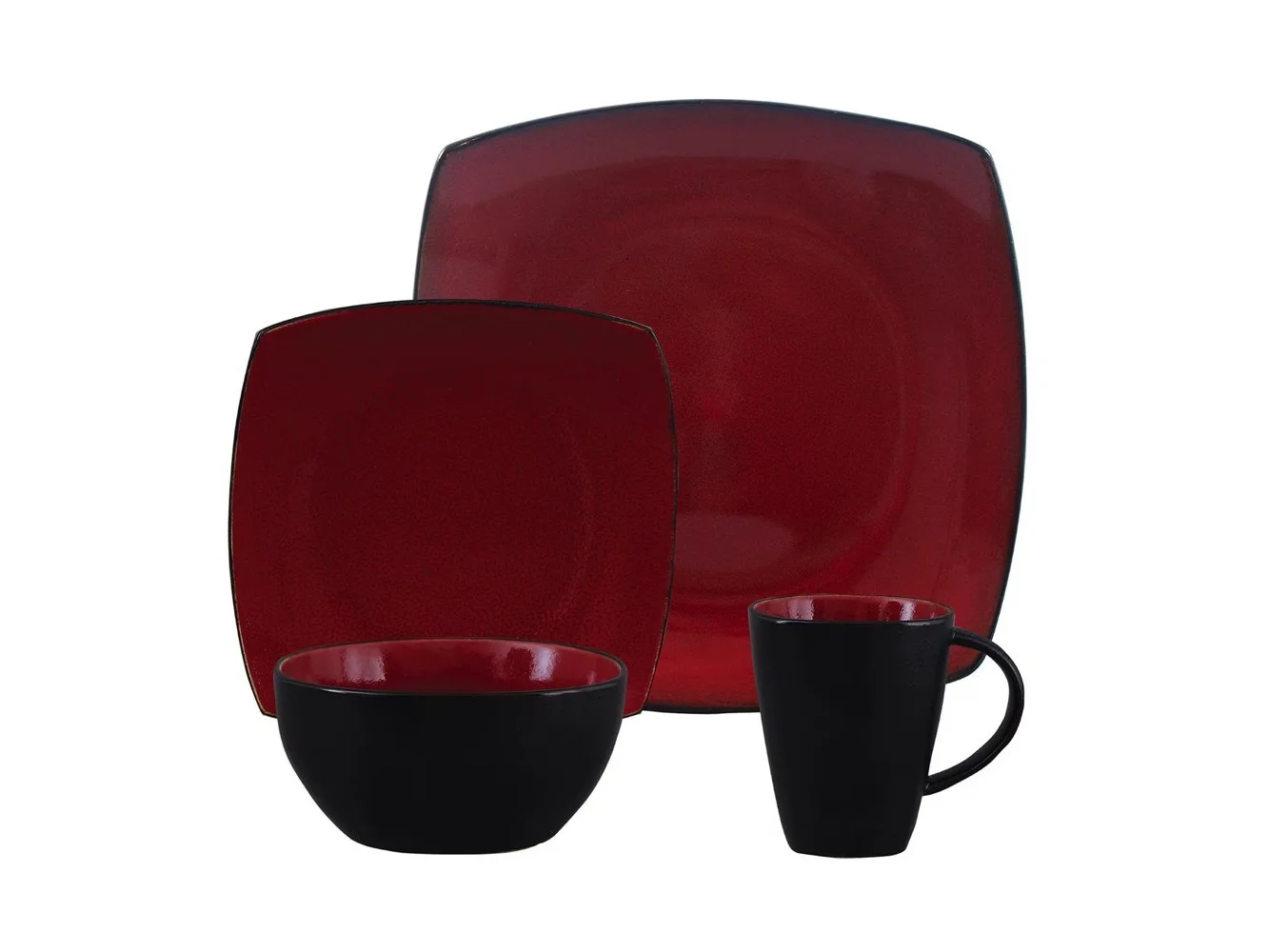 **Gibson - Soho Lounge 16 Piece Square Stoneware Dinnerware Set and Black - Red**