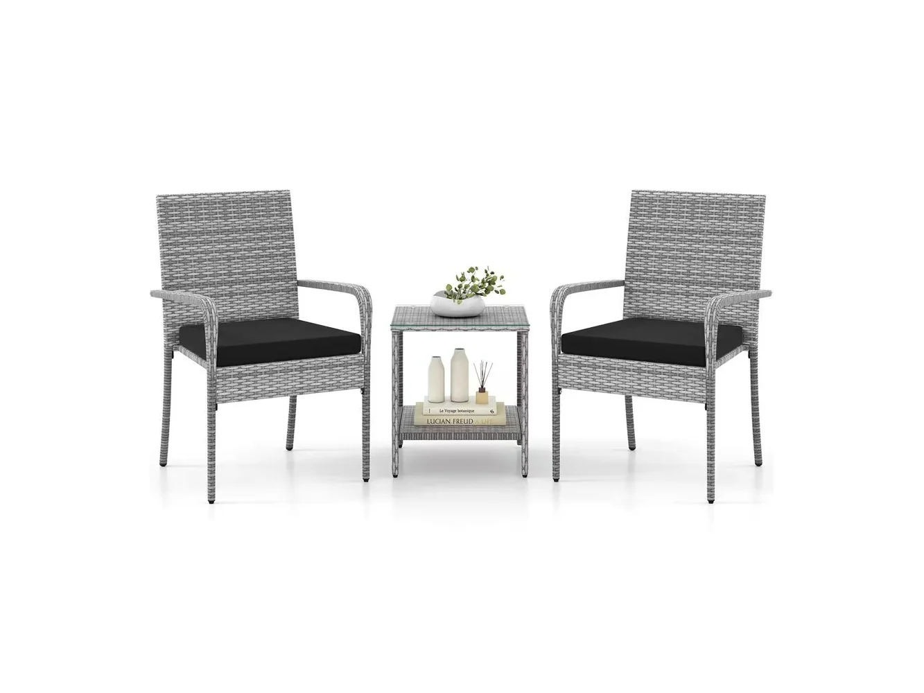 **Costway - 3 PCS Patio Furniture Set with Seat Cushions & Tempered Glass Tabletop - Gray,Black**