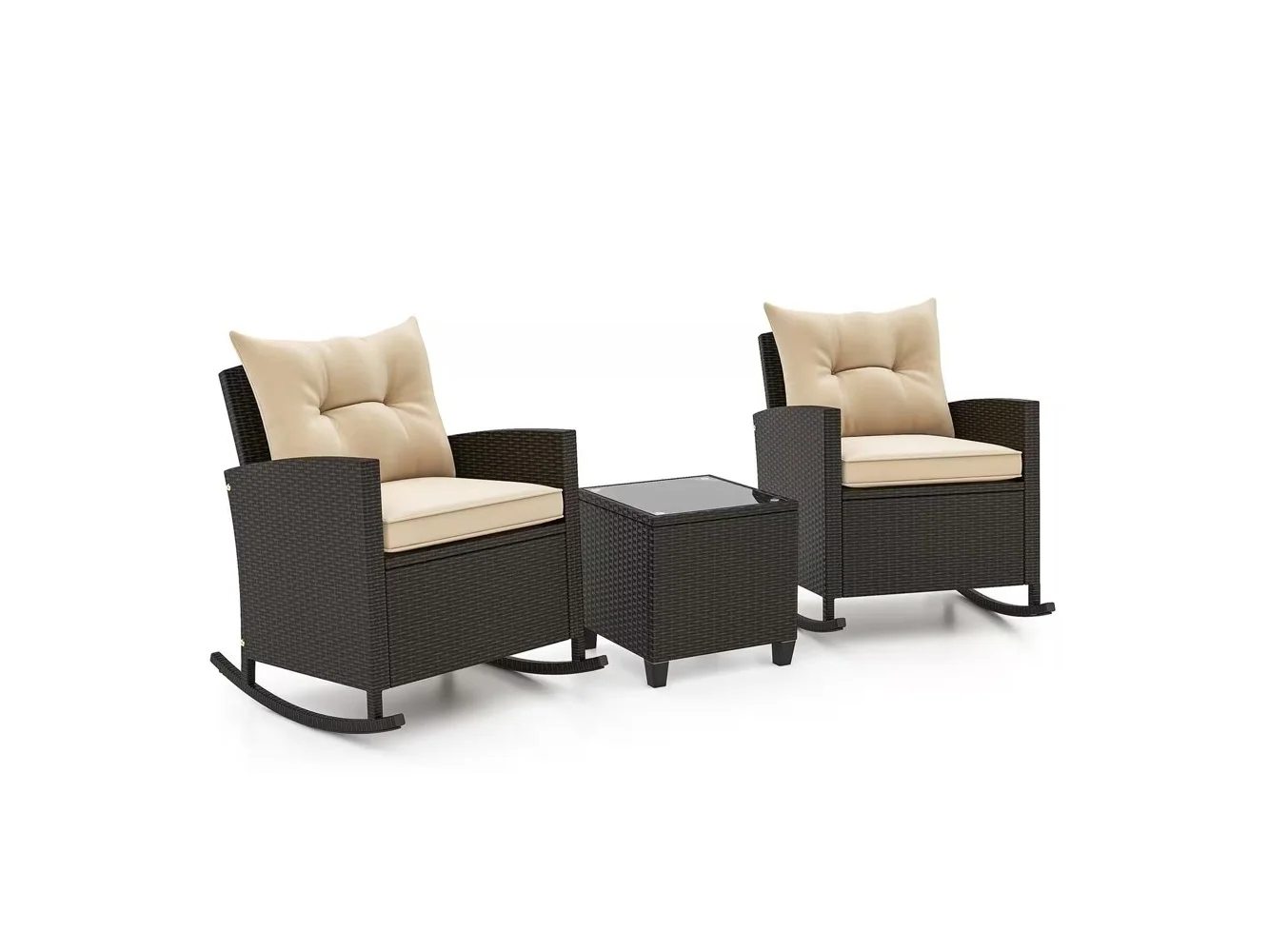 **Costway - 3 PCS Patio Wicker Rocking Set with Tempered Glass Table & Soft Cushions Outdoor - Beige + Mix Brown**