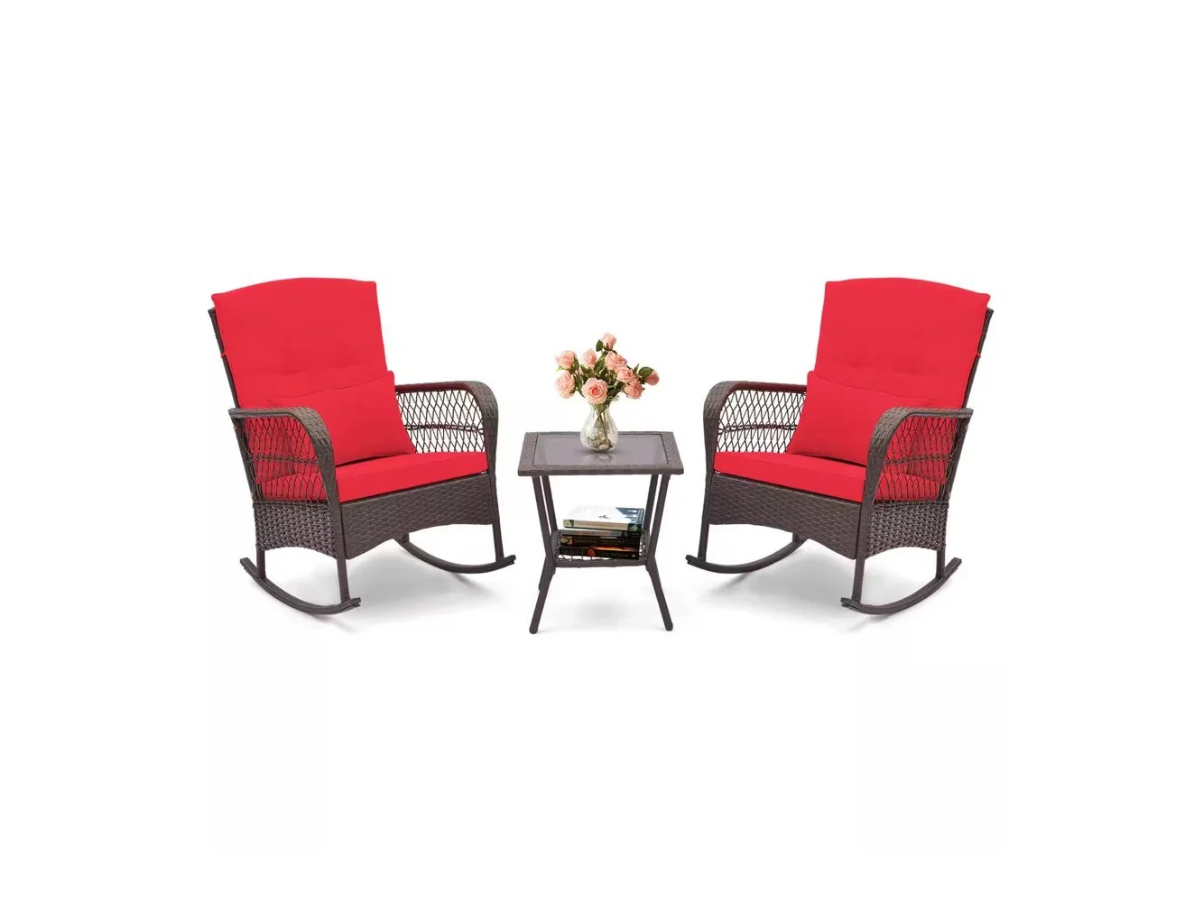 **Costway - 3 PCS Patio Rocker Set Outdoor Wicker Rocking Chairs with Double-Layer Coffee Table - Red**