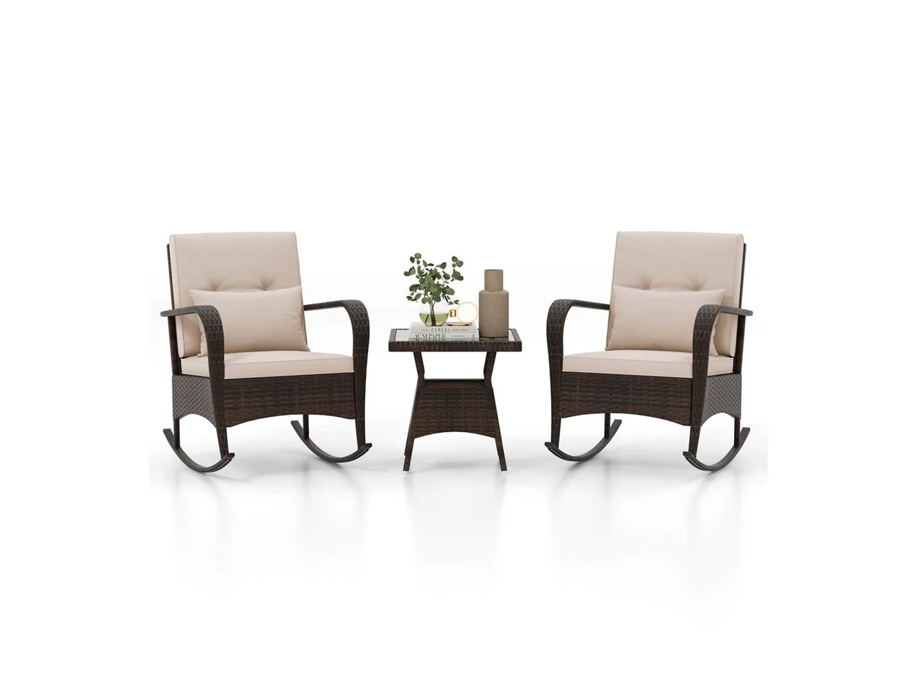 **Costway - 3 PCS Rocking Bistro Set with Removable Cushions & Tempered Glass Top Table - Brown**