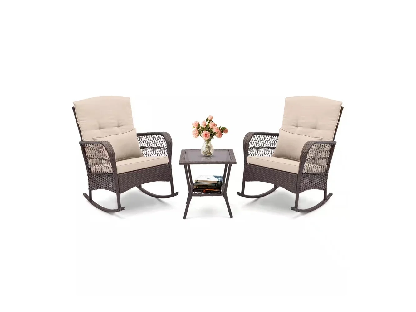 **Costway - 3 PCS Patio Rocker Set Outdoor Wicker Rocking Chairs with Double-Layer Coffee Table - Mix Brown + Beige**