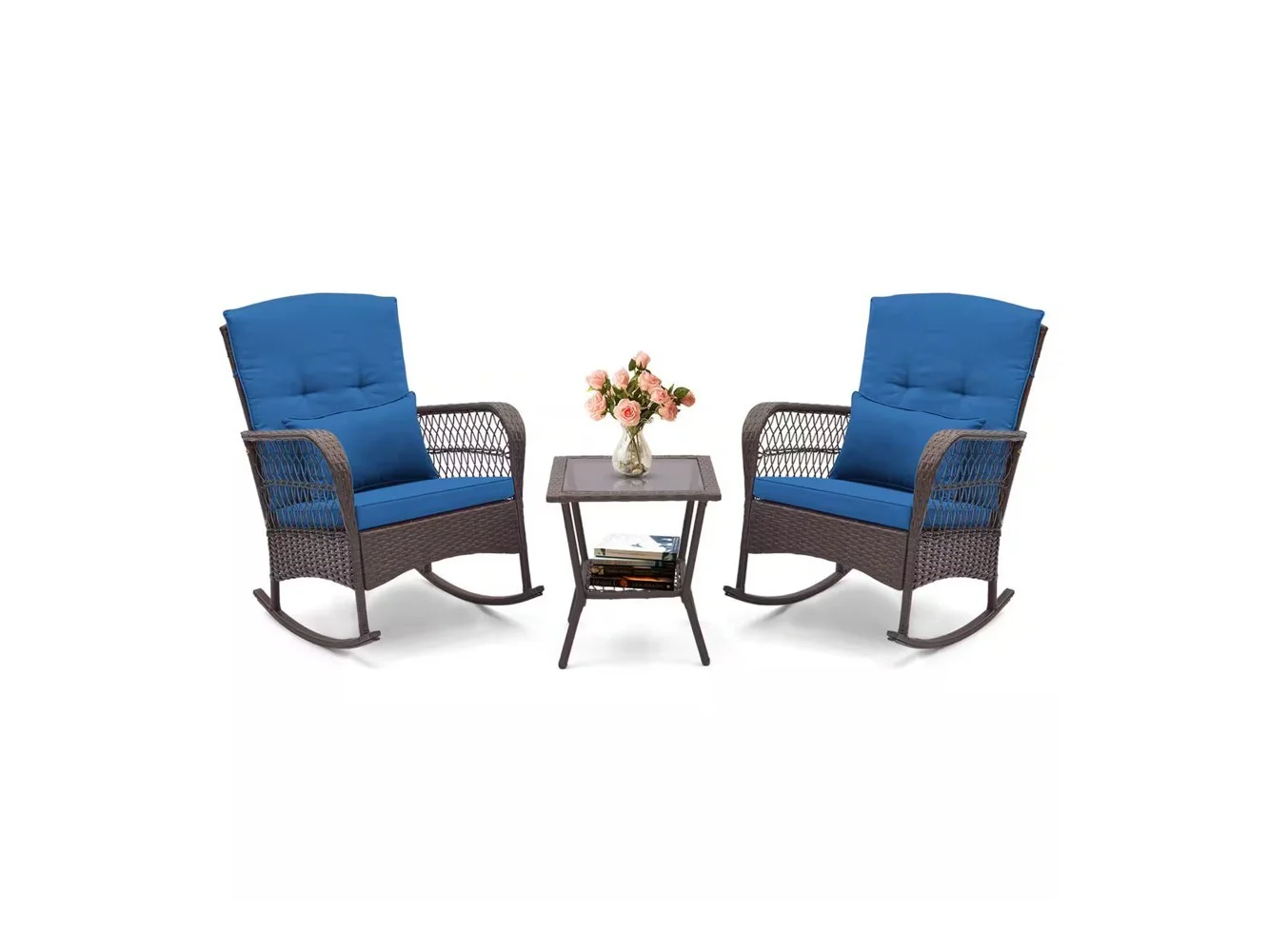 **Costway - 3 PCS Patio Rocker Set Outdoor Wicker Rocking Chairs with Double-Layer Coffee Table - Navy**