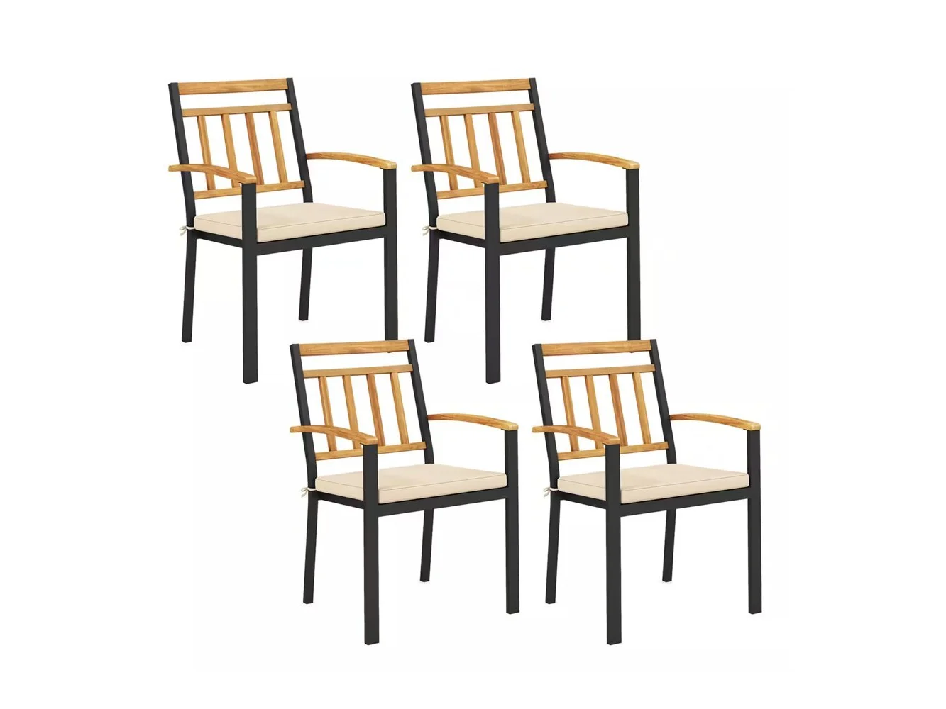 **Costway - Patio Dining Chairs Set of 4 Metal Outdoor Chairs with Removable Padded Cushions - Black + Natural**