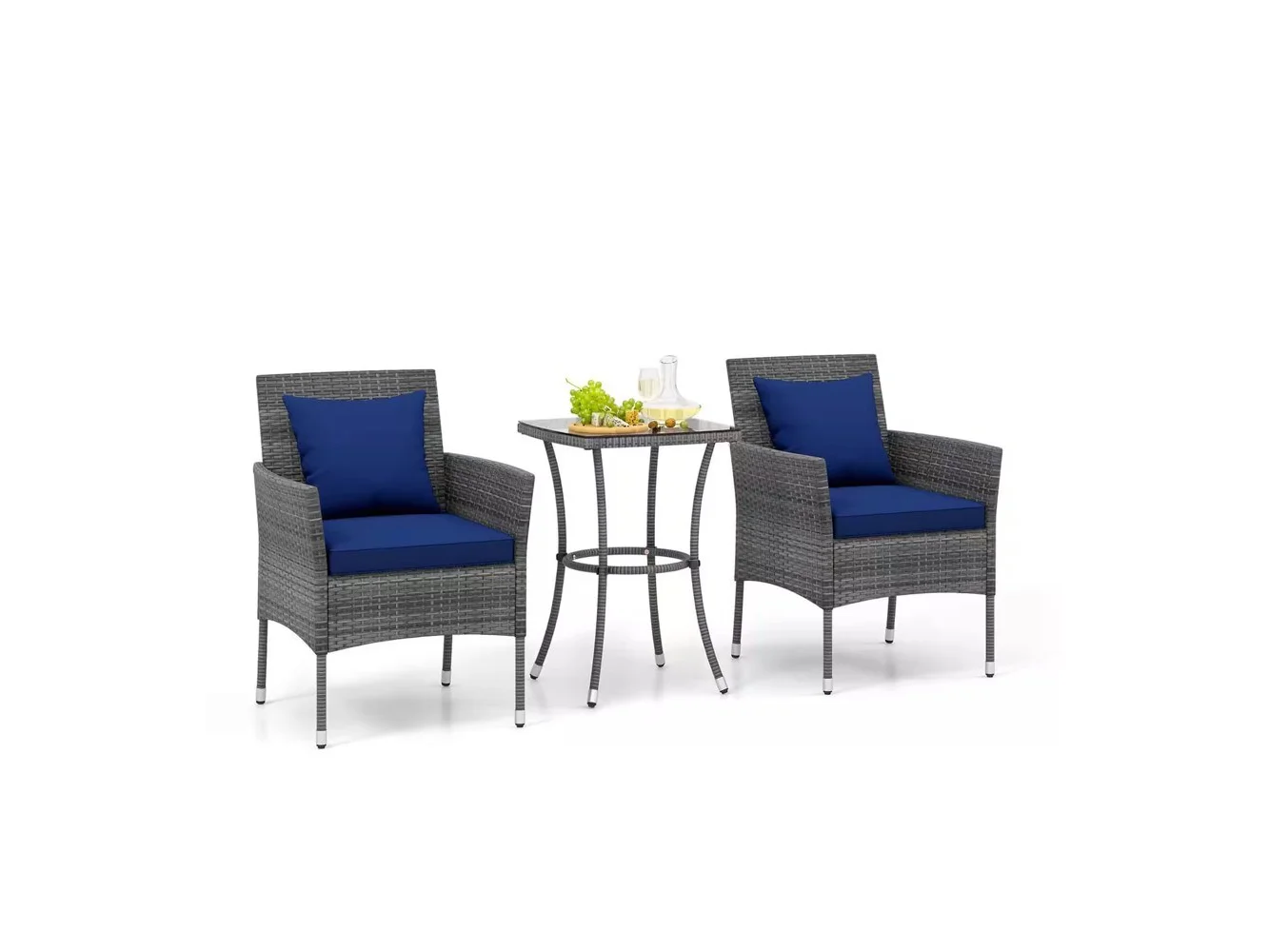 **Costway - 3 PCS Patio Furniture Set witn Cushioned Patio Chairs & Tempered Glass Coffee Table - Navy + Mix Grey**