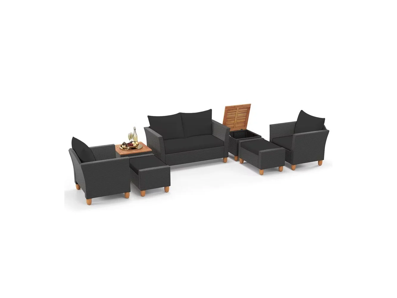 **Costway - 7 PCS Patio Furniture Set with Loveseat Armchairs Ottomans & Storage Table - Black**