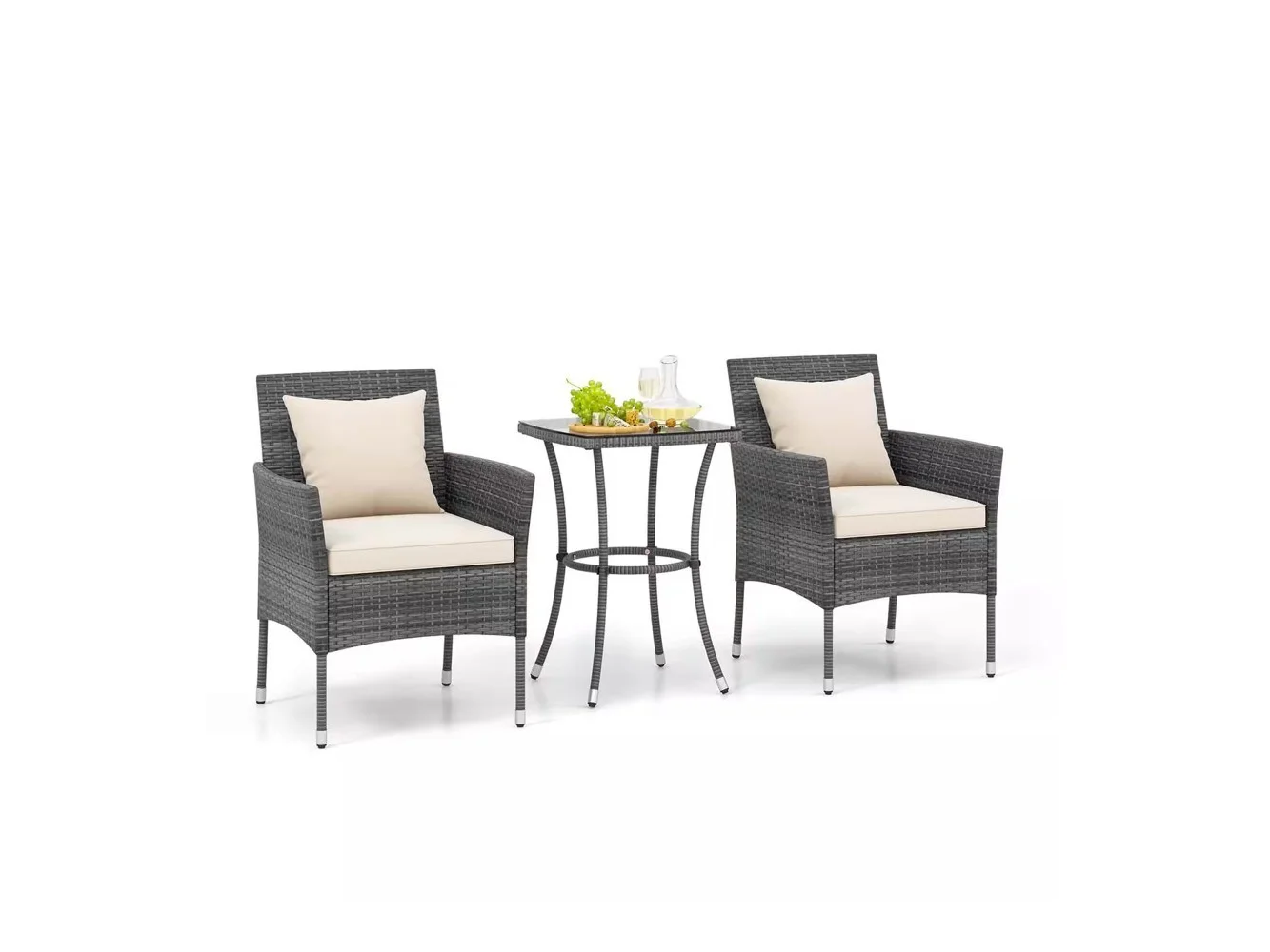 **Costway - 3 PCS Patio Furniture Set with Cushioned Patio Chairs & Tempered Glass Coffee Table - Off White + Mix Grey**