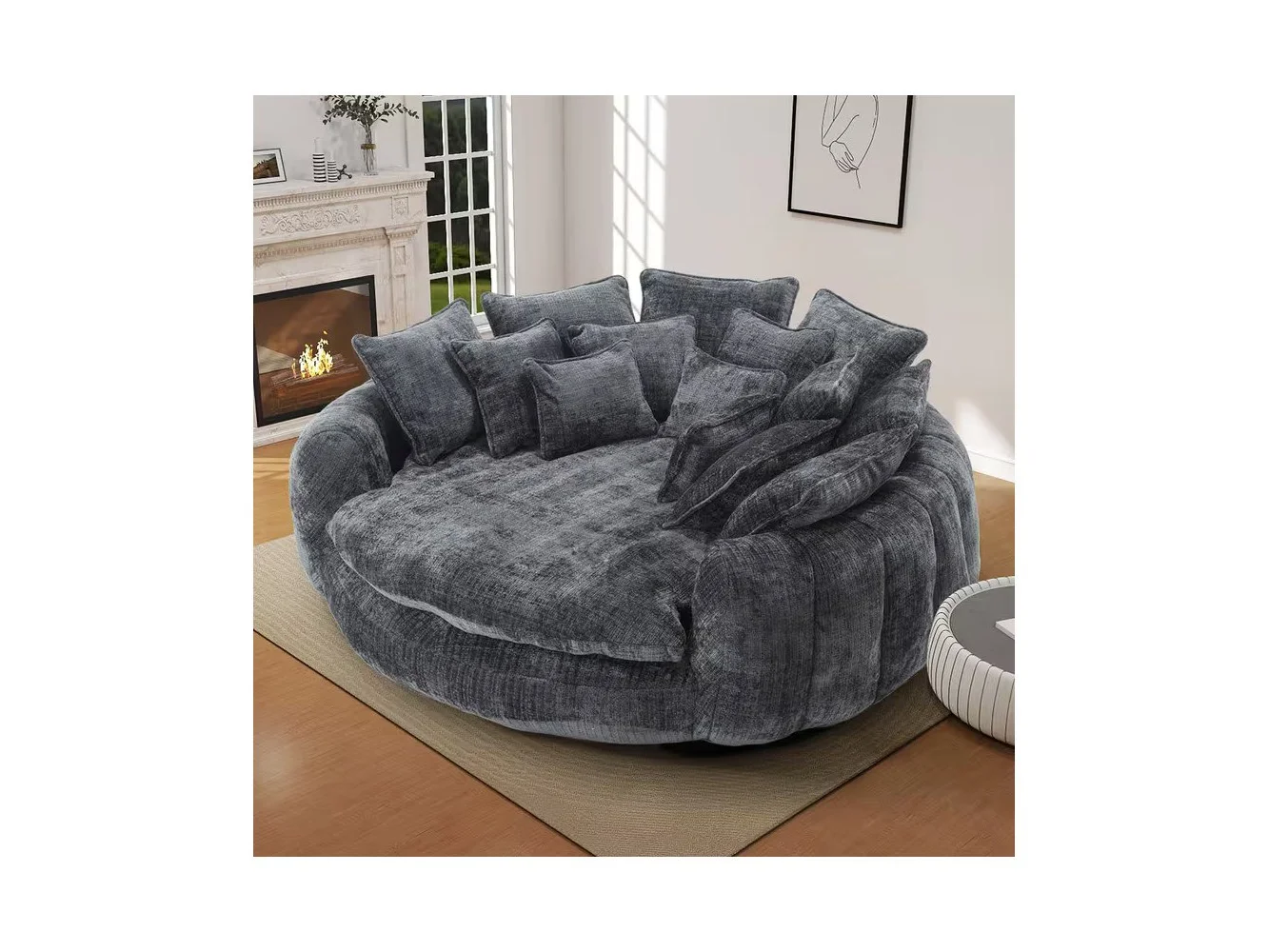 **Anysun - Double Oversized Round Sofa with Armrests, Chenille Fabric Padded High Back, for Living Room or Bedroom - Dark Gray**