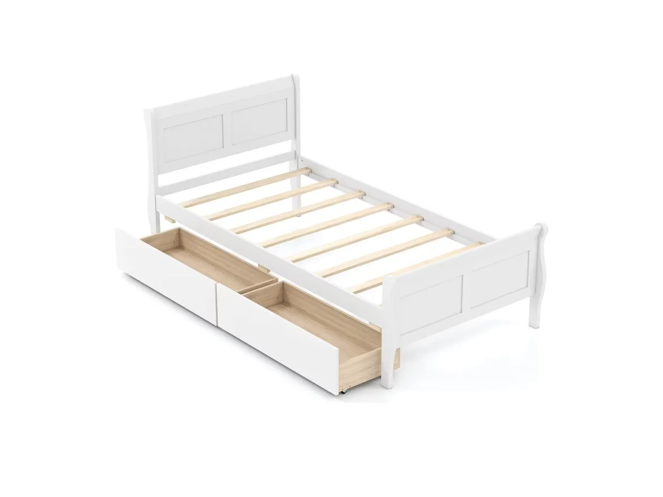 **Costway - Twin Size Bed Frame with 2 Storage Drawers Wood Platform Bed with Headboard - White**