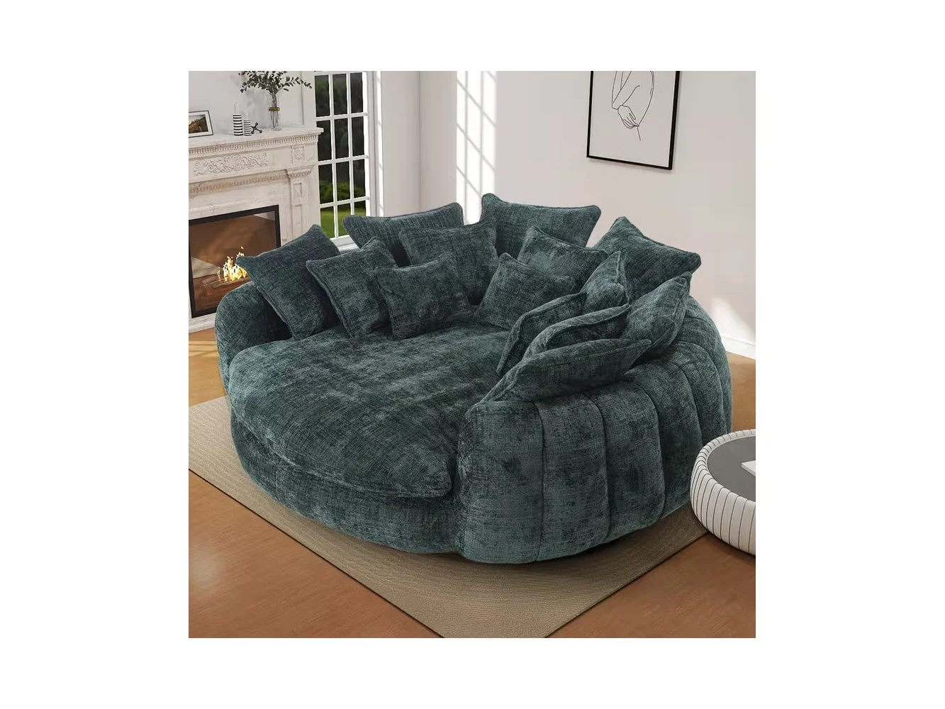 **Anysun - Double Oversized Round Sofa with Armrests, Chenille Fabric Padded High Back, for Living Room or Bedroom - Emerald**