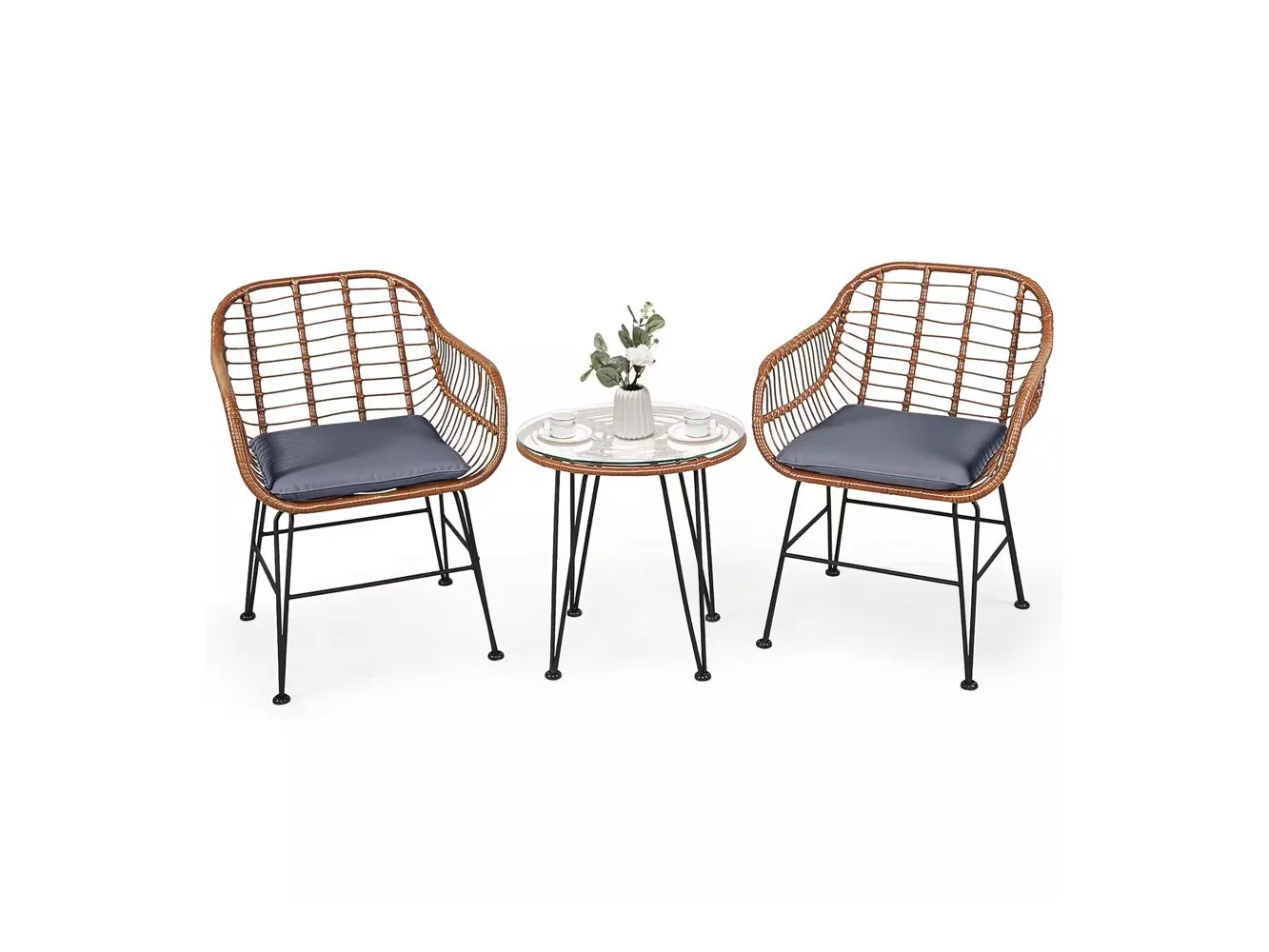 **Costway - 3PCS Patio Rattan Bistro Set Coffee Table Armchair Garden Cushion - Gray**