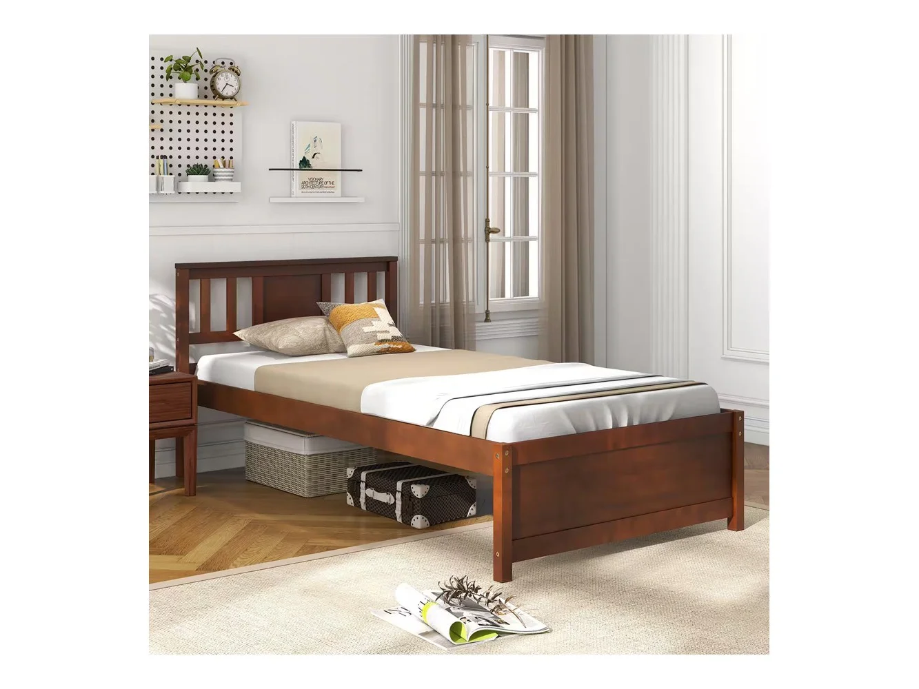 **Gymax - Twin Size Bed Frame w/ Headboard Wood Slat Support No Box Spring Needed - Walnut**