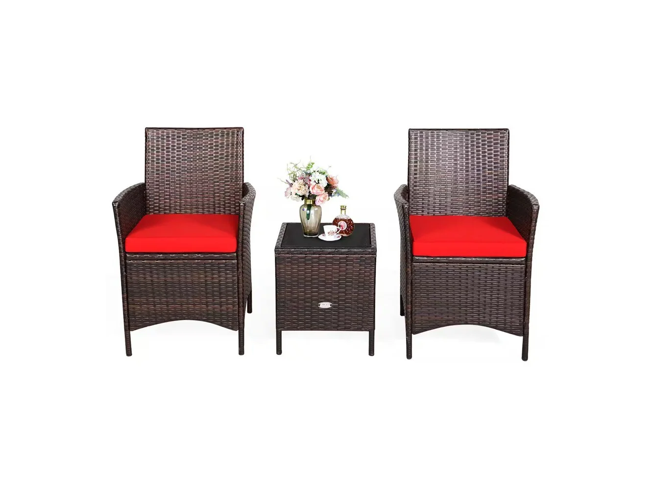 **Costway - 3PCS Patio Rattan Furniture Set Cushioned Sofa Glass Tabletop Deck - Red,Mix Brown**