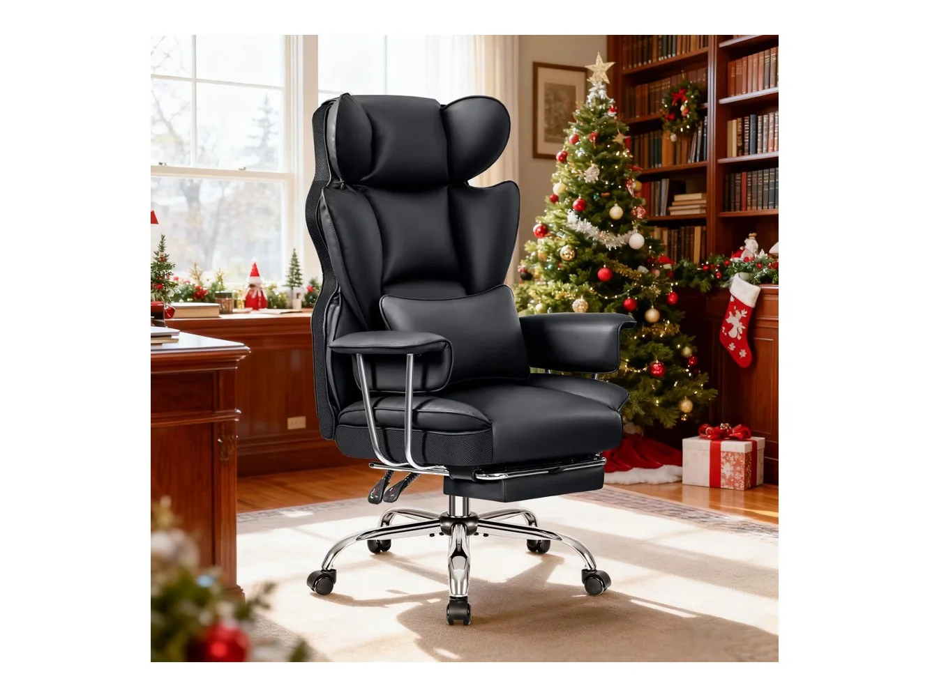 **Brick Attic - 500LBS Big & Tall Office Chair, Leather Gaming Chair with Footrest, Adjustable Height & Lumbar Support - Black**
