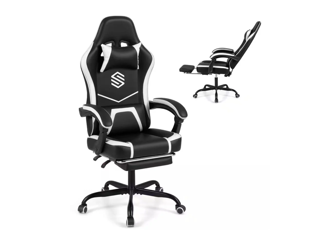 **Costway - Gaming Chair with Headrest, Lumbar Support, Linkage Armrests, Reclining Backrest - Black,White**