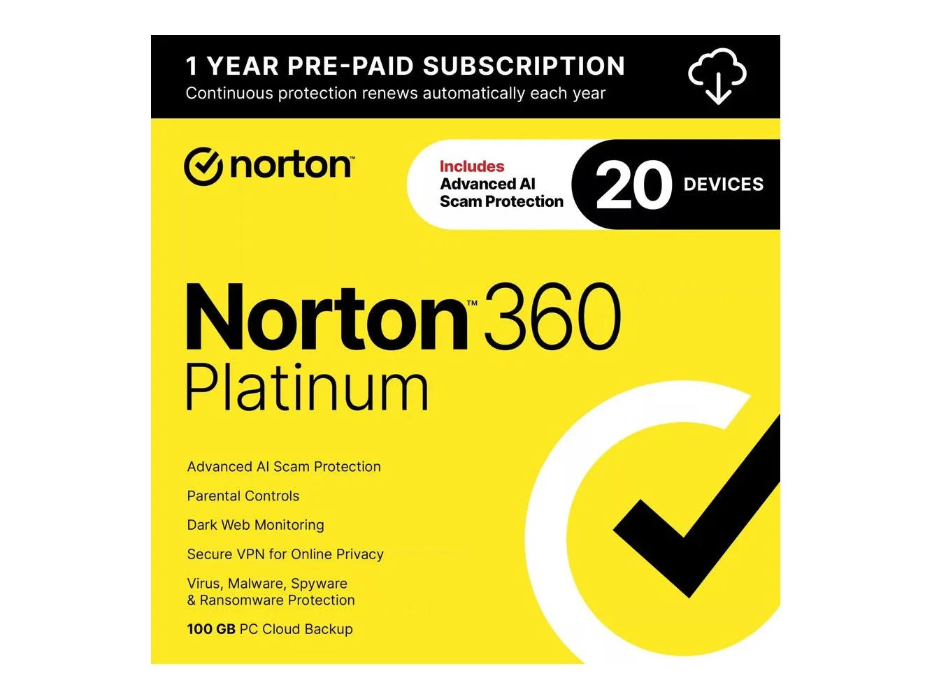**Norton - 360 Platinum (20 Device) Antivirus Internet Security + Scam Protection + VPN + Dark Web Monitoring (1 Year Subscription) - Android, Apple iOS, Mac OS, Windows [Digital]**