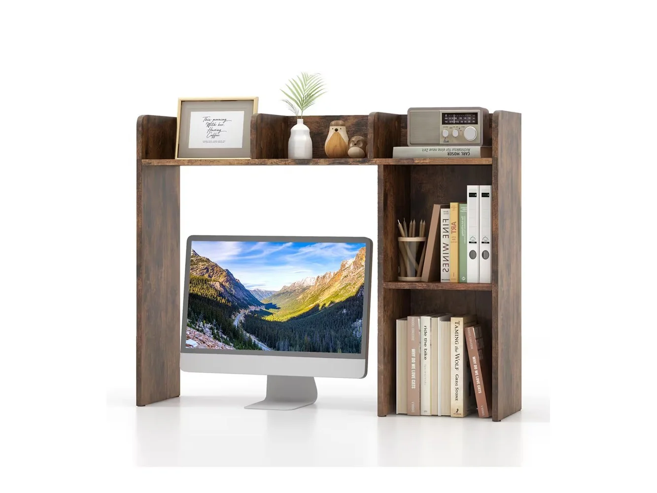 **Costway - Desk Bookshelf Desktop Storage Organizer Display Shelf Rack Dorm Office - Brown**