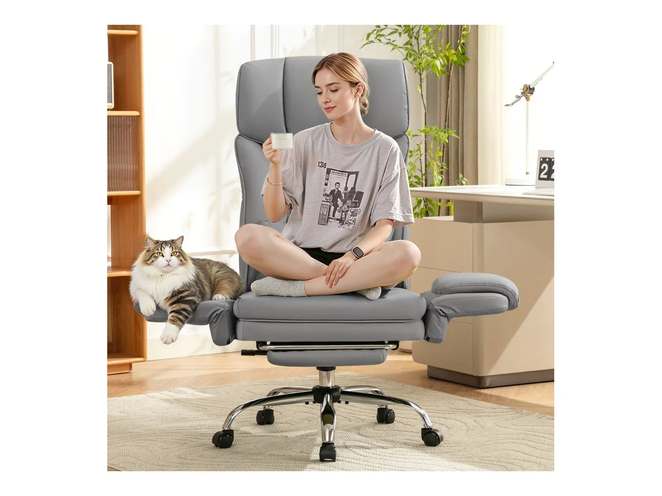 **KERDOM - Ergonomic Big Office Leather Chair with Expandable Arms, Reclining Cross Legged Chair with Footrest Wide Seat for Gaming - Gray**