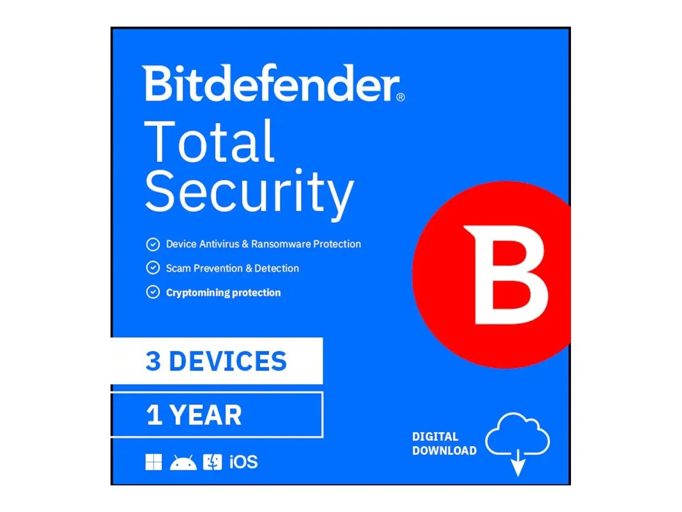 **Bitdefender - Total Security 3 Device 1 year - Windows, Apple iOS, Mac OS, Android, Linux [Digital]**