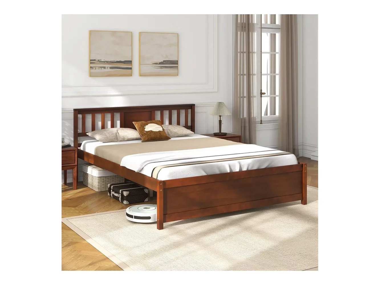 **Gymax - Queen Size Bed Frame w/ Headboard Wood Slat Support No Box Spring Needed - Walnut**