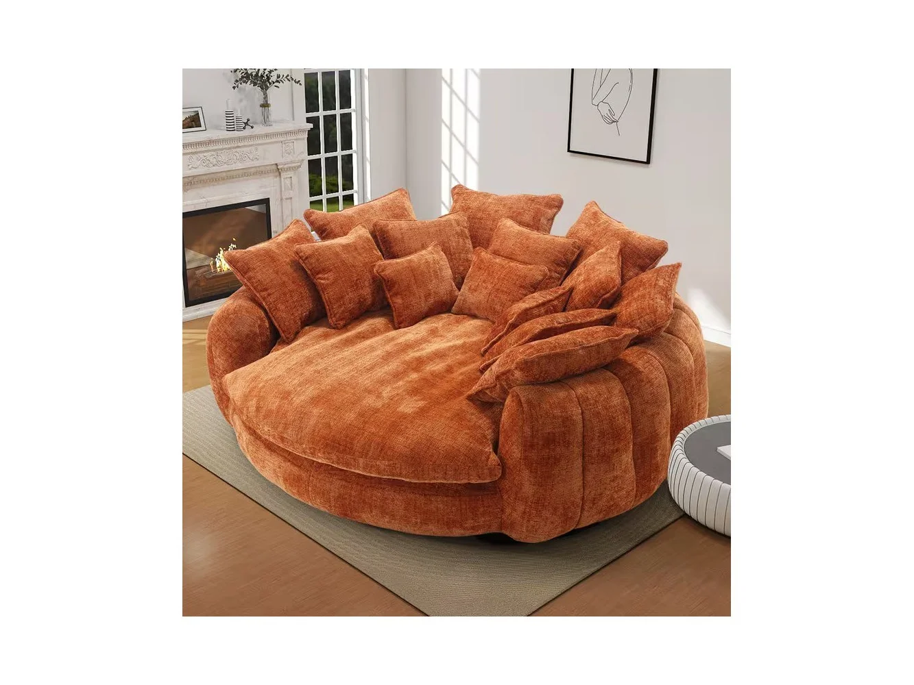 **Anysun - Double Oversized Round Sofa with Armrests, Chenille Fabric Padded High Back, for Living Room or Bedroom - Orange**
