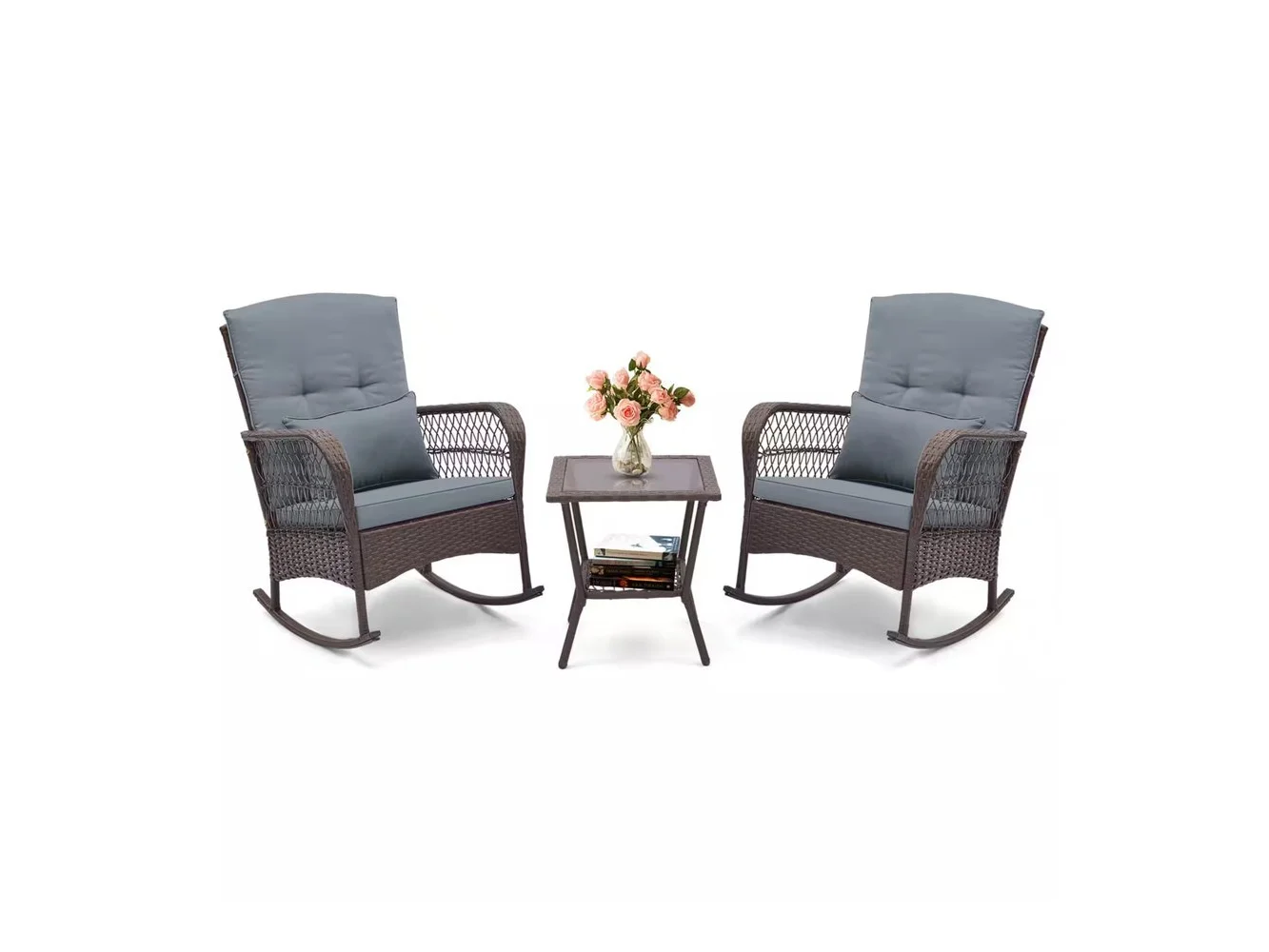 **Costway - 3 PCS Patio Rocker Set Outdoor Wicker Rocking Chairs with Double-Layer Coffee Table - Gray**