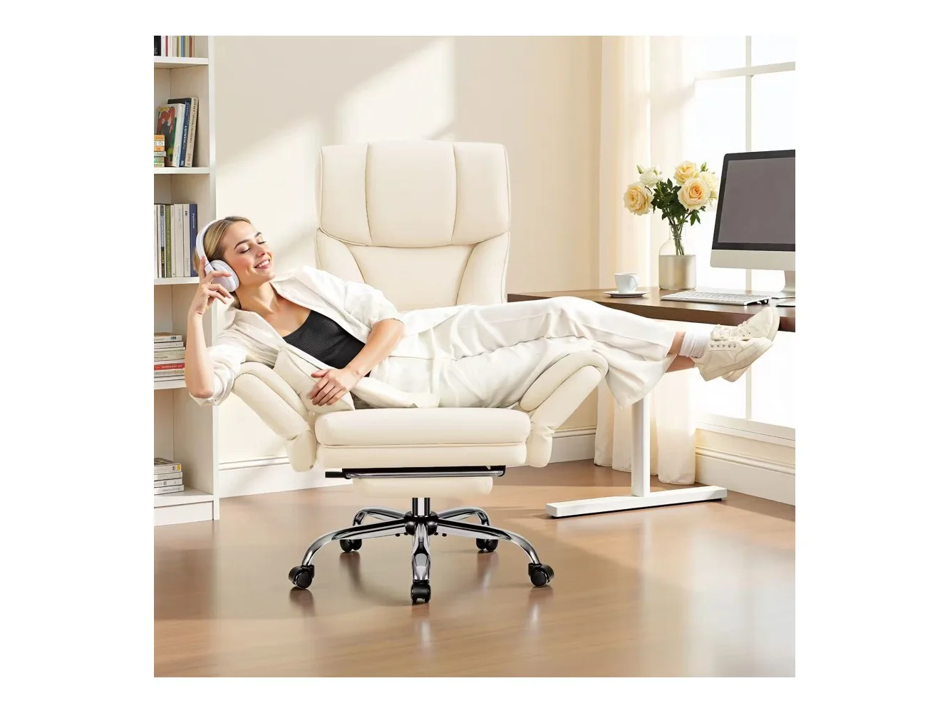 **Brick Attic - 500LBS Plus Ergonomic Office Chair with Footrest, Wide Cross Legged Executive Chair with Reversible Armrests, 120°Tilt - Milky White**