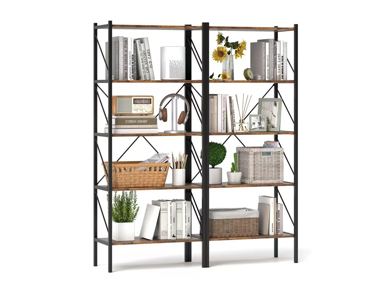 **Costway - 2 PCS 5-Tier Bookshelf, Industrial Tall Bookcase with Open Storage Shelves & Metal Frame - Rustic Brown,Black**