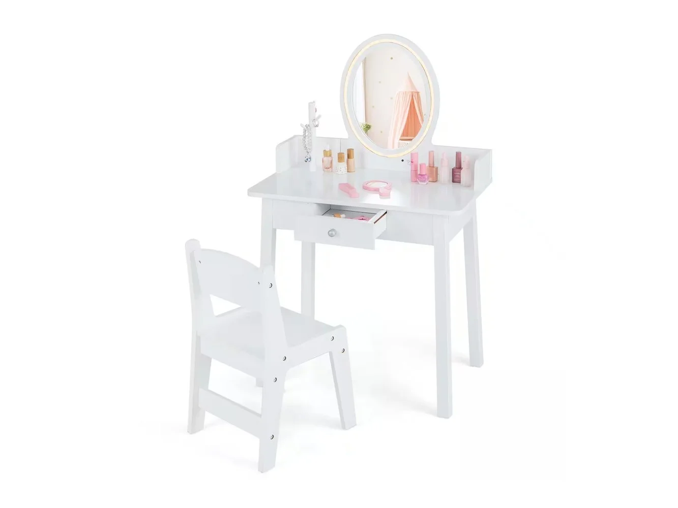 **Costway - Kids Vanity Set with Lighted Mirror Chair 2-Color LED Lighting for Girls Makeup - White**