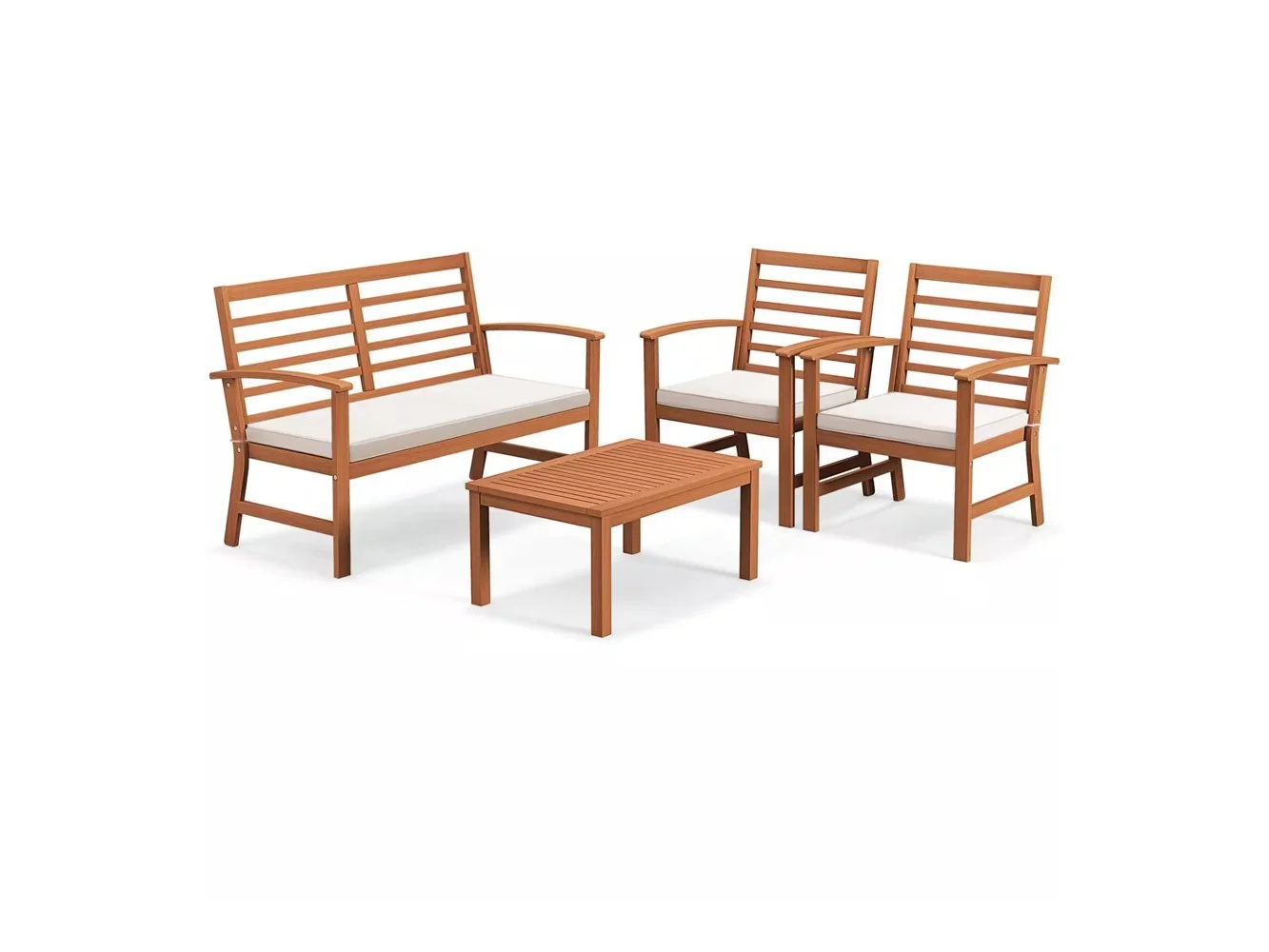 **Costway - 4 PCS Outdoor Furniture Set with Soft Seat Cushions Stable Acacia Wood Frame - White**