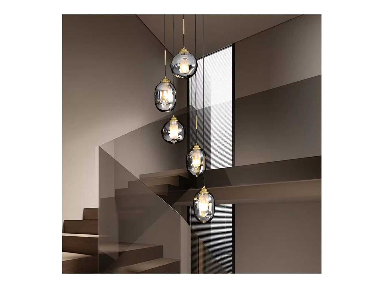 **Siljoy - 5 Light Staircase Pendant Light Sand Antique Brass Smoked Gray Glass Shades Adjustable Height for Entryway Foyer - Black**