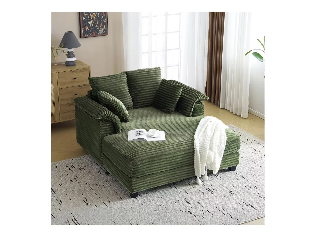 **Winado - 55.9"W × 59.4"D × 33.9"H Oversized Corduroy Chaise Sofa Recliner Bed Chaise Lounge Chair Upholstered Comfy Sleeper Couch - Green**