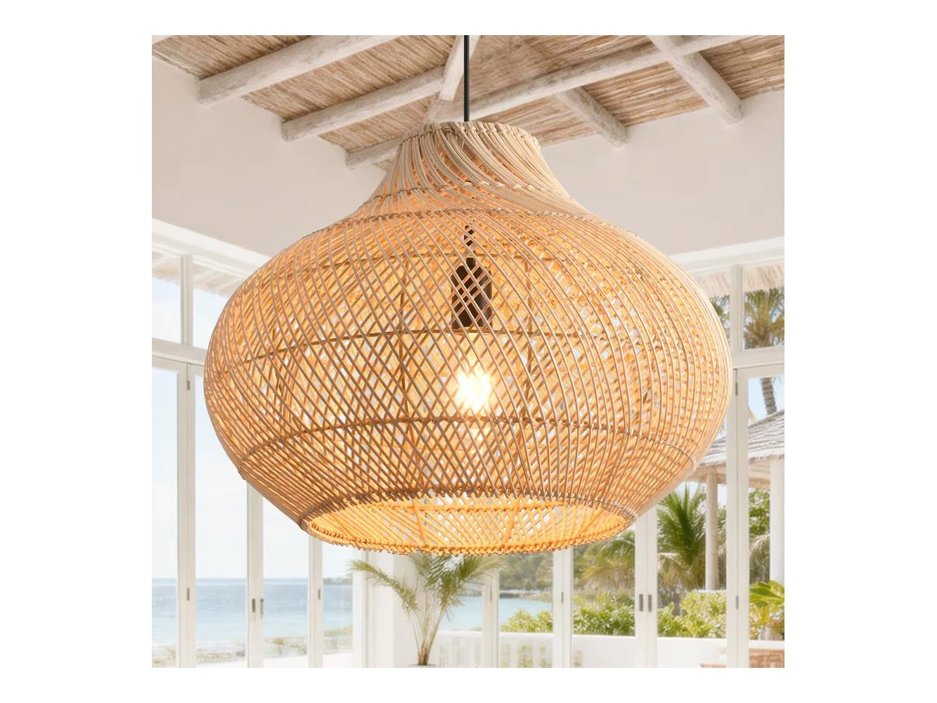 **Parrot Uncle - 13.8" 1-Light Boho Rattan Hand-Woven Dome Hanging Pendant Light - Brown**