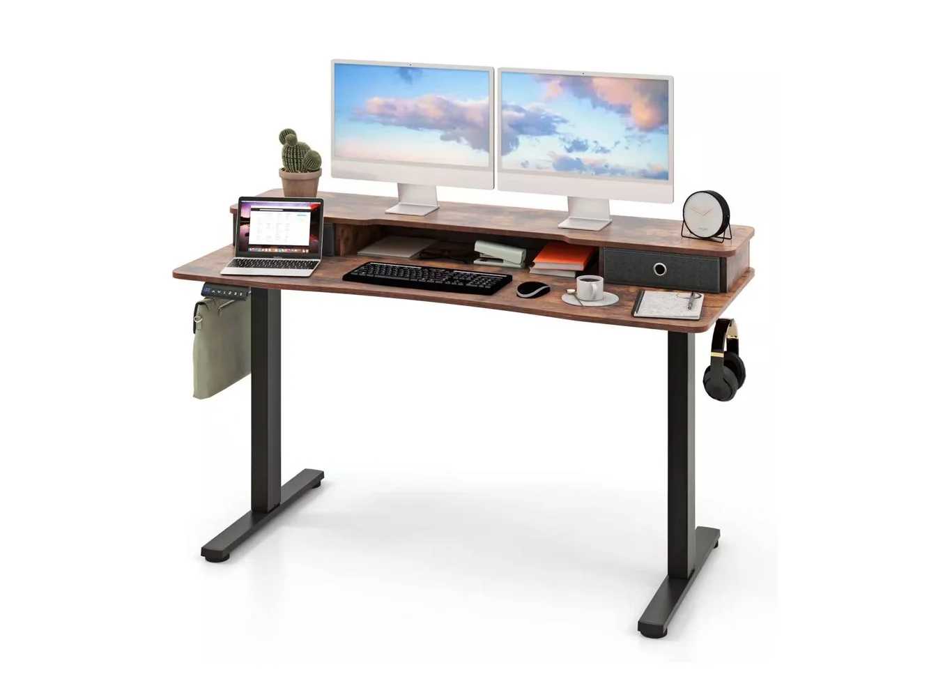 **Costway - 55"x 24" Electric Standing Desk with 2 Drawers Monitor Stand Storage Shelf - Brown**