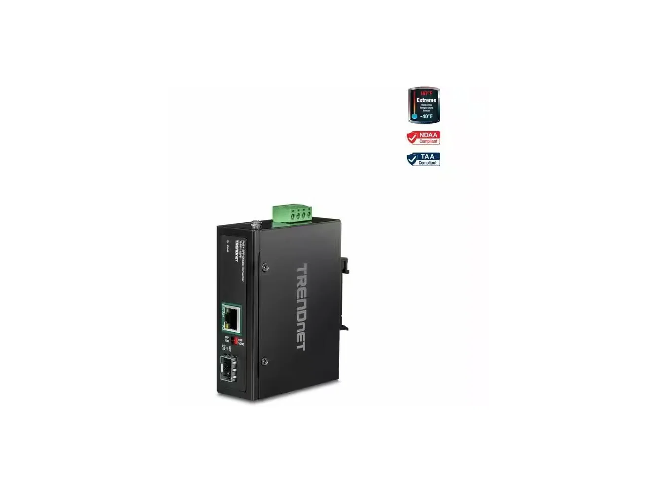 **Trendnet - Industrial SFP to Gigabit PoE+ Media Converter, TI-PF11SFP, 1 x Gigabit SFP Port, 1 x Gigabit PoE+ RJ45 Port - Unknown**