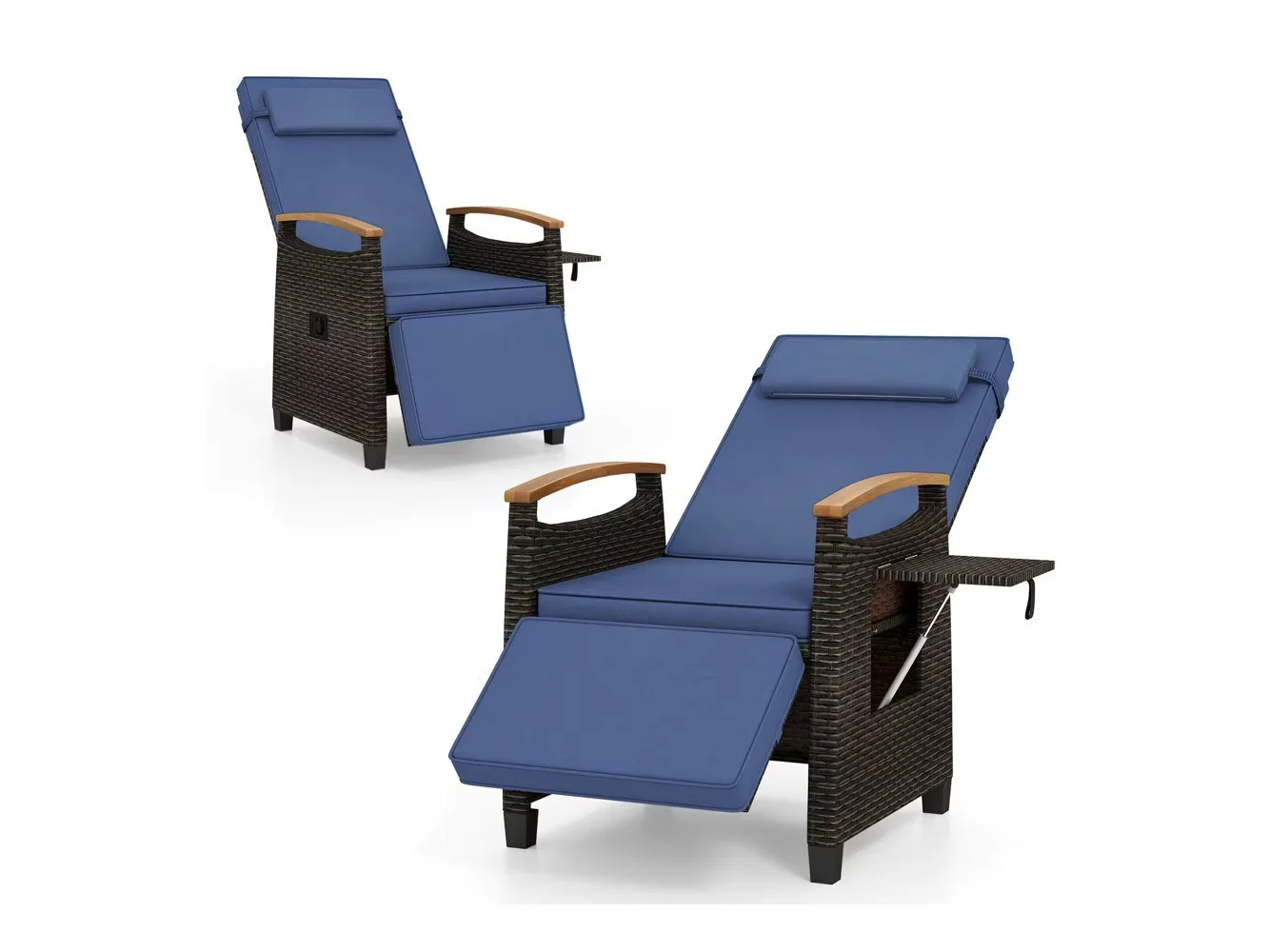 **Gymax - 2PCS Patio Rattan Lounge Chair PE Wicker Recliner Chair w/ Adjustable Backrest & Footrest Navy - Mix Brown, Navy**