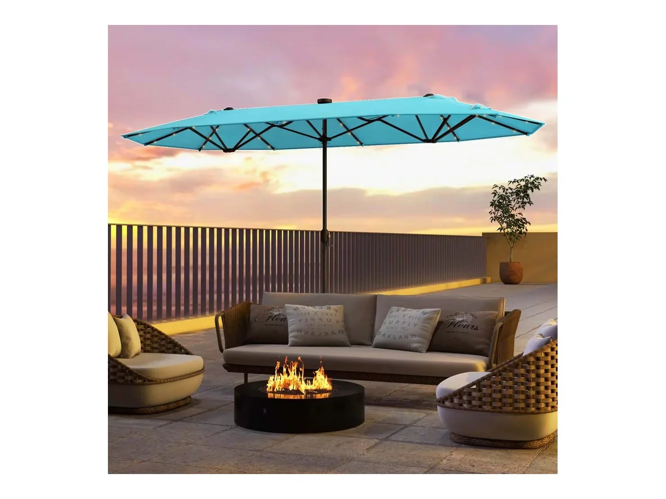 **Costway - 13FT Double-sided Patio Umbrella with Solar Lights Crank Handle Umbrella Base - Turquoise**