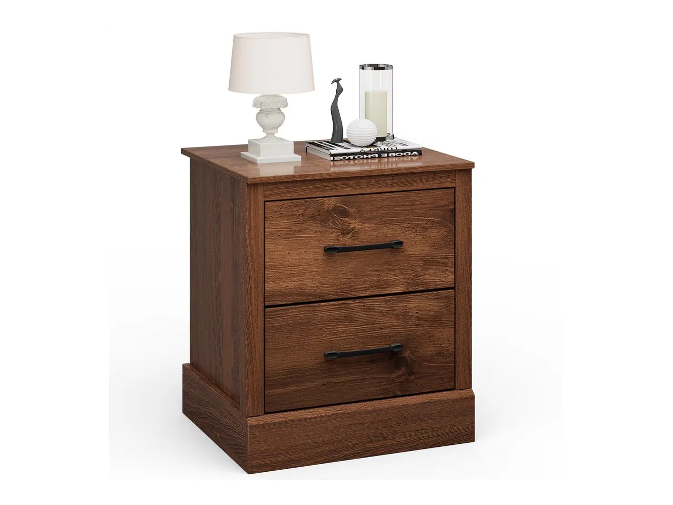 **Costway - 2 Drawer Nightstand Bedside Table Compact Sofa End Table - Rustic Walnut**