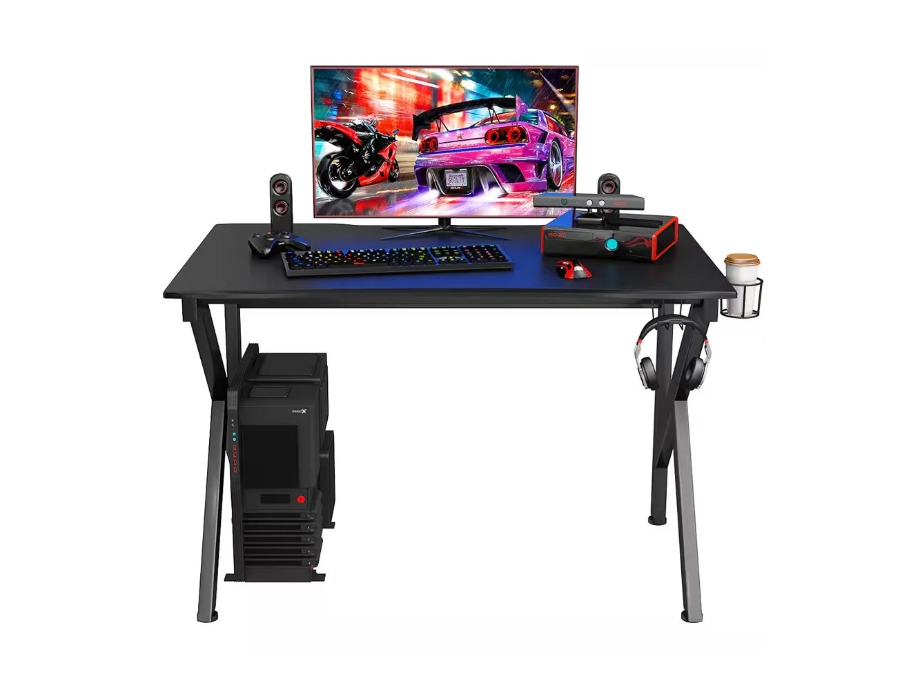 **Costway - K-Shaped Gaming Desk with Cup Holder - Black**