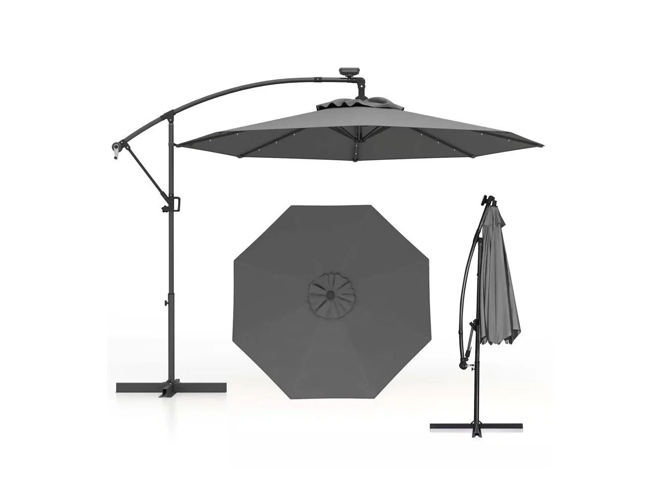 **Costway - 10FT Patio Offset Umbrella Sun Shade Solar Powered LED 360° Rotation - Gray**