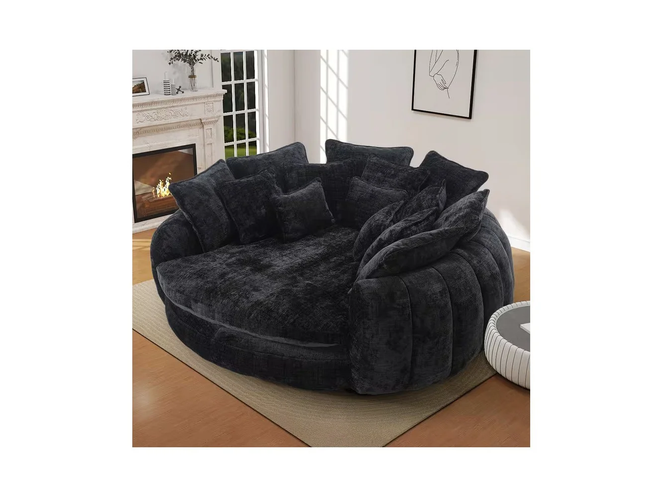 **Anysun - Double Oversized Round Sofa with Armrests, Chenille Fabric Padded High Back, for Living Room or Bedroom - Black**