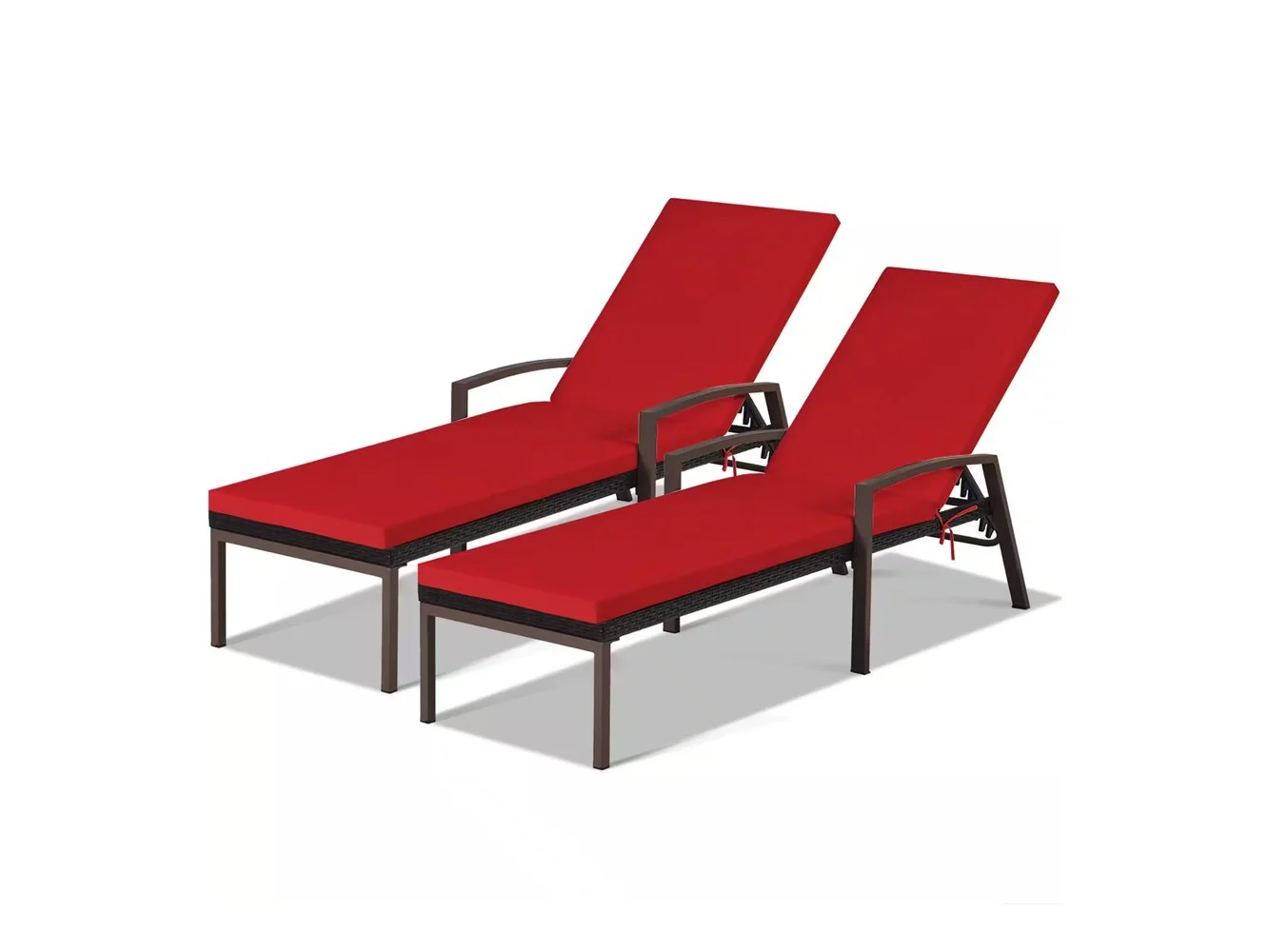 **Costway - 2PCS Patio Rattan Lounge Chair Chaise Recliner Back Adjustable Cushioned - Red**