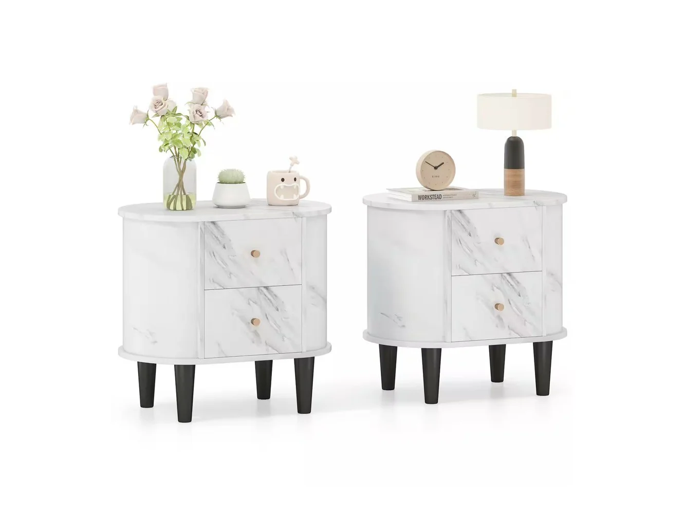 **Gymax - 2PCS Nightstand w/ 2 Drawers Faux Marble Bedside Table for Small Space - White**