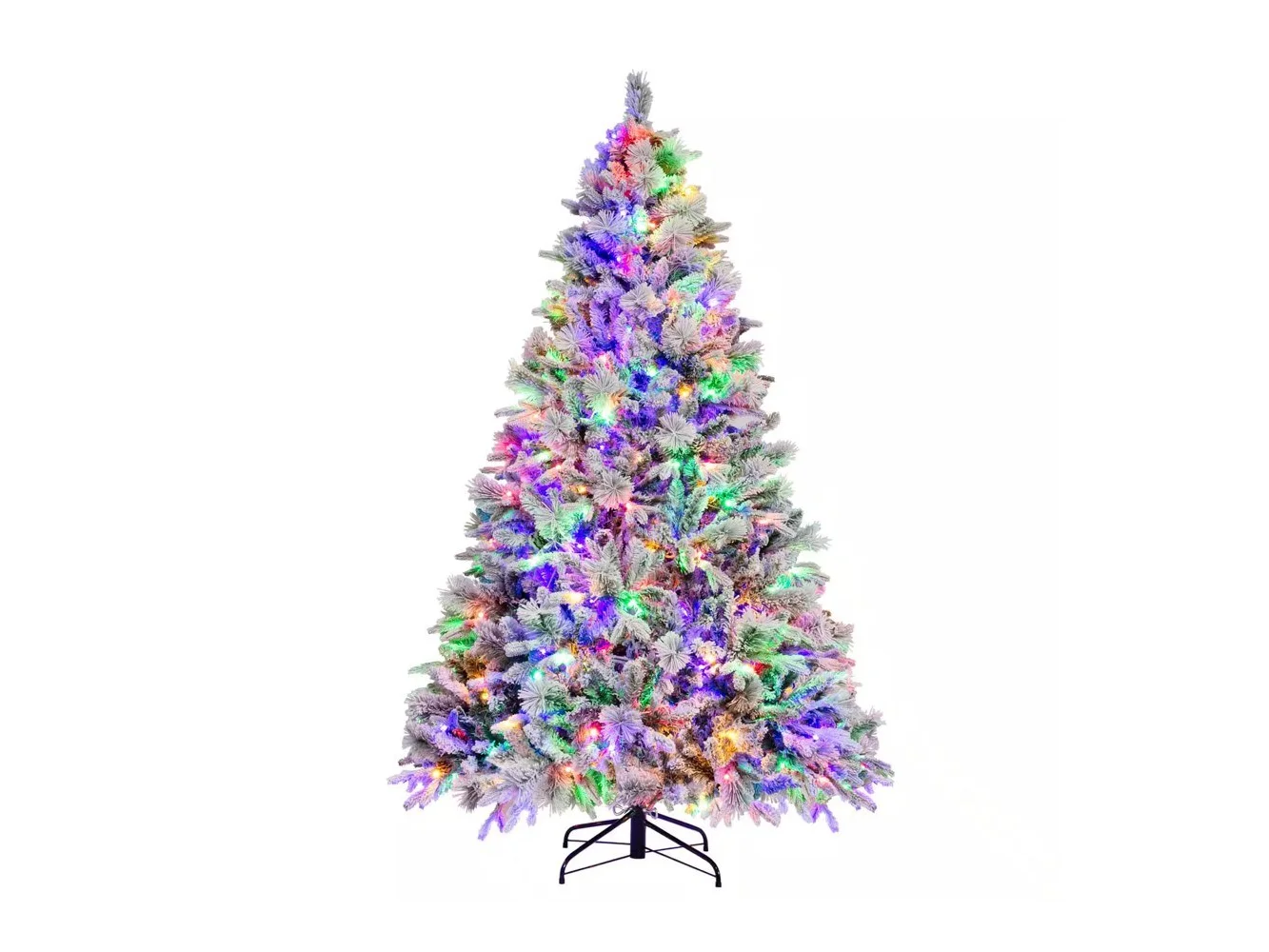 **Costway - 7 FT Pre-Lit Snow Flocked Christmas Tree Hinged Xmas Tree with 8 Modes 320 Lights - Green/White**