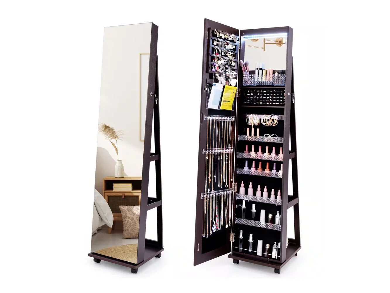 **Gymax - 64'' Jewelry Cabinet Armoire w/ 3-Color Lights Adjustable Shelves & Wheels - Purple**