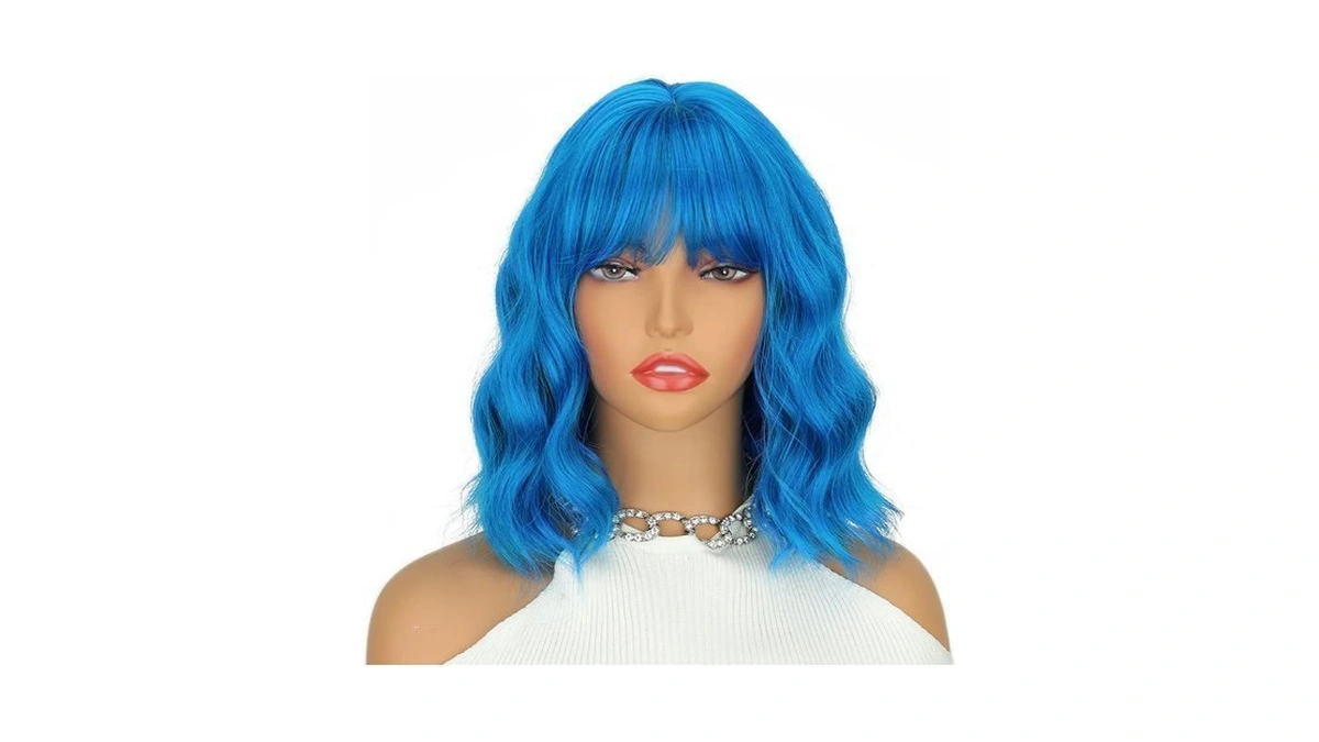 Linghang Short Blue Wavy Wig With Bangs, 14 Inch Natural
