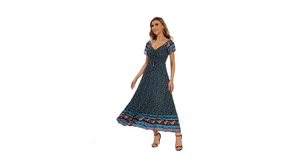 Casual Floral Boho Maxi Dress With Short Sleeve 2025 Summer