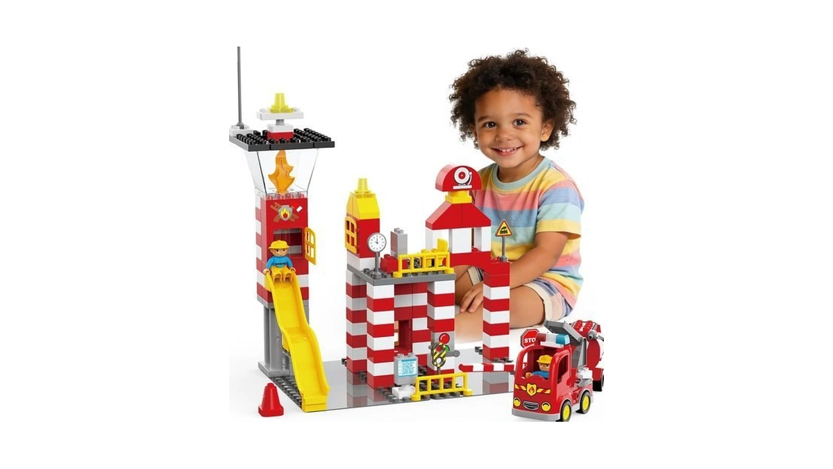 Xenqitoys Fire Station Playset Classic Big Building Blocks Fire Station