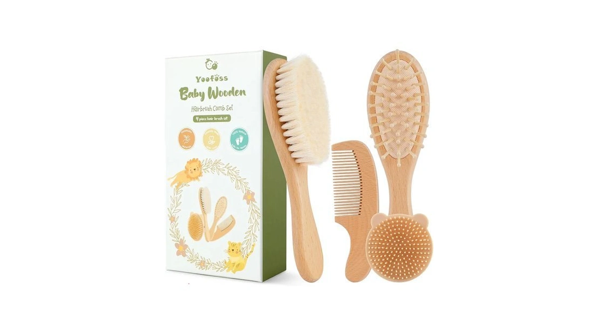 Yoofoss 4 Piece Baby Brush And Comb Set, Wooden Baby